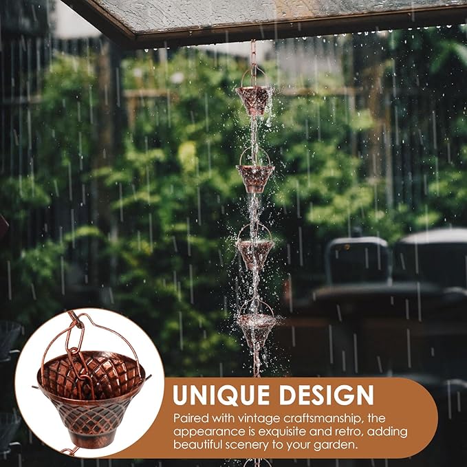 Rain Chains for Gutters, Outside Downspouts Metal Rain Catcher Diverter, 8.5 Ft Retro Rain Chain Decorative with Hook and 12 Metal Cups for Windowsill Garden Patio
