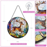 Stained Glass Window Hanging, Deer Circular Painted Glass Suncatcher with Chain & Suction Cup for Home Garden Door Decor, Birthday for Women Men Mom 7.8 in