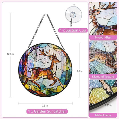 Stained Glass Window Hanging, Deer Circular Painted Glass Suncatcher with Chain & Suction Cup for Home Garden Door Decor, Birthday for Women Men Mom 7.8 in