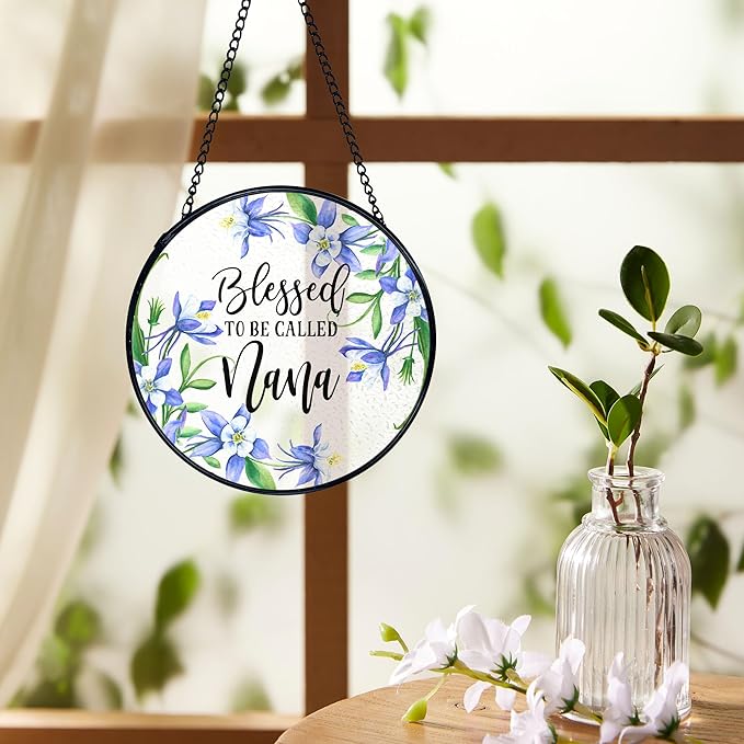Nana Gifts Suncatchers Stained Glass Window Hanging, Blessed to Be Called Nana, Grandma Gifts for Mother's Day, Flower Sun Catchers Indoor Window Glass Wall Deco, 7.9x7.9in