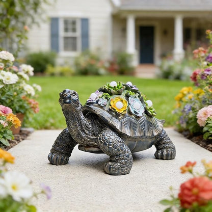 Solar Powered Succulent Turtle Statue, Resin Garden Decor with LED Lights, Waterproof Outdoor Ornament for Patio, Yard, Lawn, Porch, Unique Housewarming Gifts