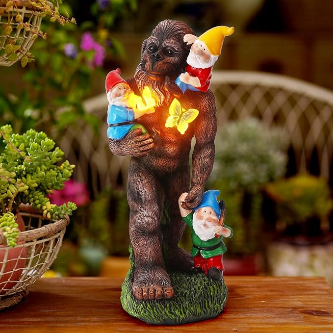 Gorilla Bigfoot Dwarf Bigfoot Sculpture Butterfly Statue with Large Garden Accessories with LED Decorative Gifts 7.5X5.9X13Inch