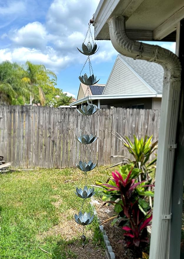 Zeckos Galvanized Grey Metal Lotus Flower Rain Chain Gutter Downspout Accent, 70 Inches Long - Installs Easily - Adding Charm and Style to Your Outdoor Space