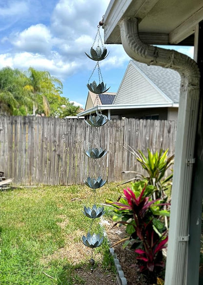 Zeckos Galvanized Grey Metal Lotus Flower Rain Chain Gutter Downspout Accent, 70 Inches Long - Installs Easily - Adding Charm and Style to Your Outdoor Space