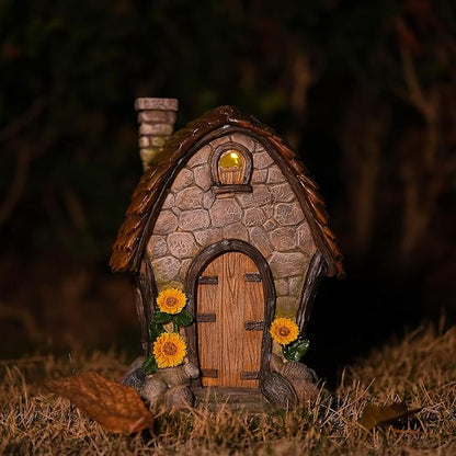 Zayton Garden House Statues Outdoor with Light Yard Resin Decoration Gift Handmade Housewarming Gift for Patio Yard Lawn Waterproof Cracking