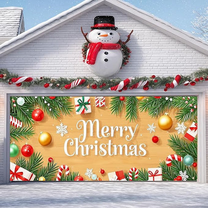 IVN Christmas Garage Door Cover Decoration 13x6ft Wood Texture Pine Garlands Gifts Candy Canes Merry Christmas Winter Garage Door Banner Home Door Front Yard Decor for Xmas Eve Holiday Outdoor