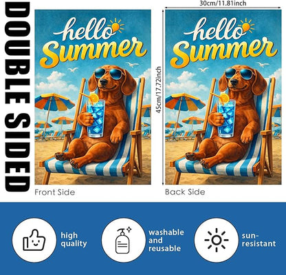 Nuxovilar Summer Garden Flag Hello Summer Dog Sunglasses Beach Chair Pattern Polyester 12x18 Inches Garden Flags for Outside Fun Decor Yard Porch Lawn