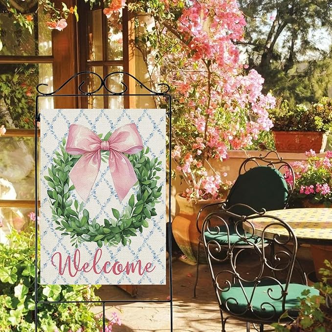 Dyrenson Welcome Pink Bow Wreath 28 x 40 House Flag Double Sided, Coquette Ribbon Eucalyptus Leaves Garden Yard Decoration, Botanical Plants Burlap Outdoor Decor Decorative Large Flag