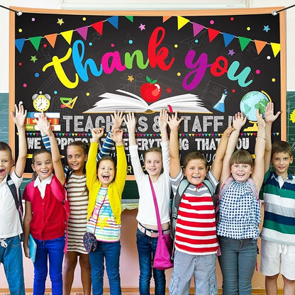 Happy Teacher Day Banner Teacher Appreciation Week Decorations Flag Outdoor 71x44 Inch School Classroom Backdrop,Thank You Teacher Gifts for Indoor Home Party Supplies,Yard Sign Photography Background