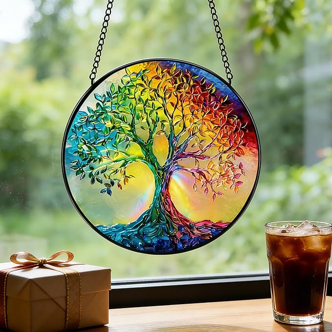 7.8 in Stained Glass Window Hanging, Rainbow Tree of Life Suncatcher for Home Decor, Handmade Decorative Ornament Boho Wall Art Ideal Gift for Mom Grandma Housewarming