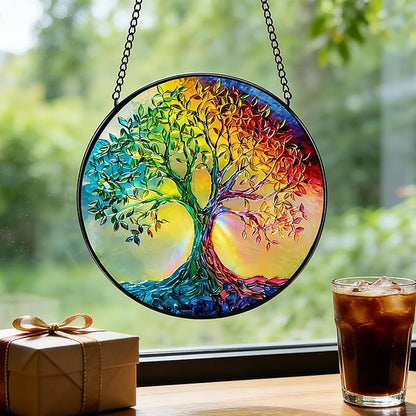 7.8 in Stained Glass Window Hanging, Rainbow Tree of Life Suncatcher for Home Decor, Handmade Decorative Ornament Boho Wall Art Ideal Gift for Mom Grandma Housewarming