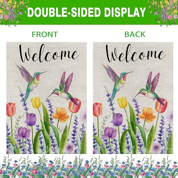 Welcome Hummingbird Spring Flowers Garden Flag 12x18 Inch Double Sided Outside Small Mini Yard Holiday Outdoor Farmhouse Decoration