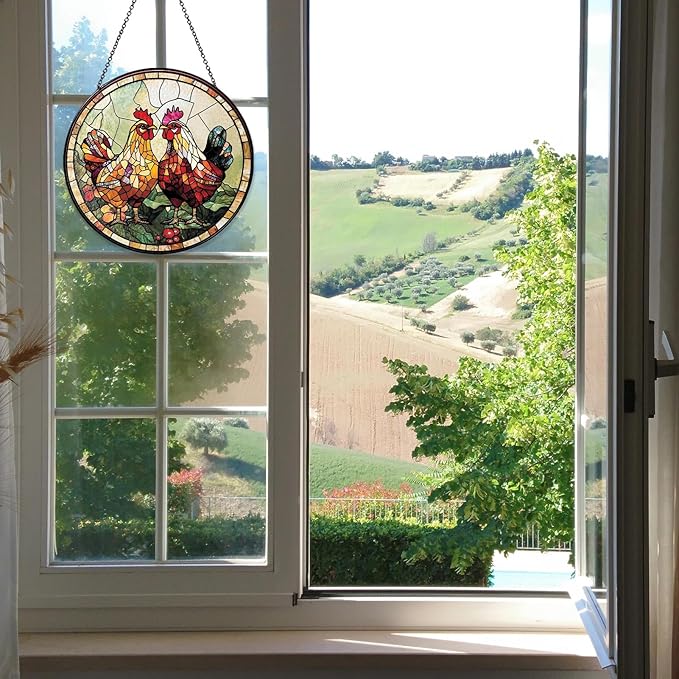 Couple Chicken Stained Glass Window Hanging Chicken Sun Catcher Decor New House Decor Christmas Suncatchers for Home Windows Hanging Decoration, 7.87inch