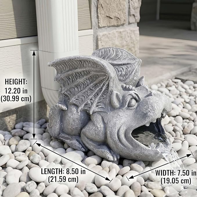 Gothic Gargoyle Gutter Guardian Rain Downspout Extension Outdoor Statue, 12 Inch High, Cast Stone Resin, Grey Stone Finish for 3"x4" Decorative Gutter Extension