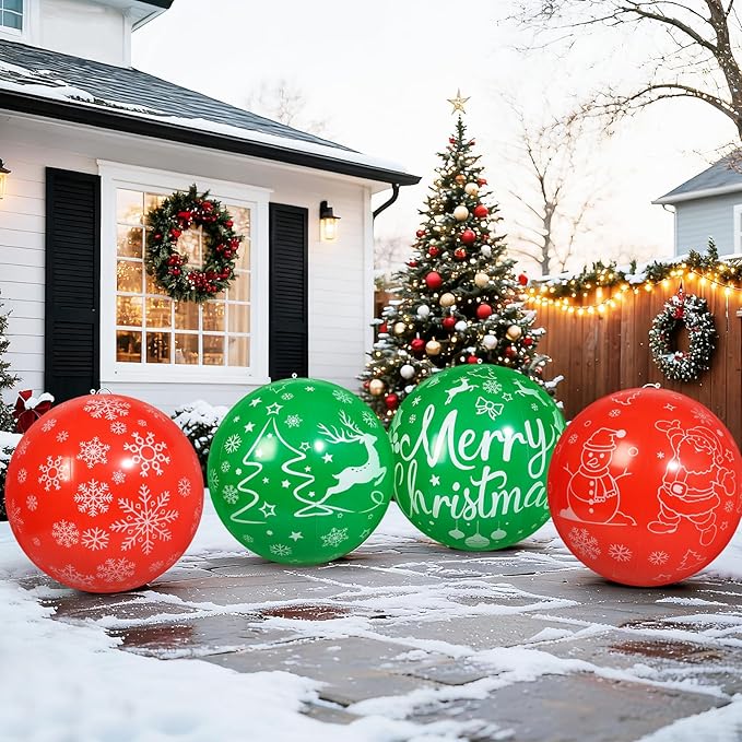 4 PCS 24 Inch Christmas Inflatable Balls Outdoor Inflatable Christmas Ball Ornaments for Xmas Garden Lawn Yard Holiday Front Door Window Decoration