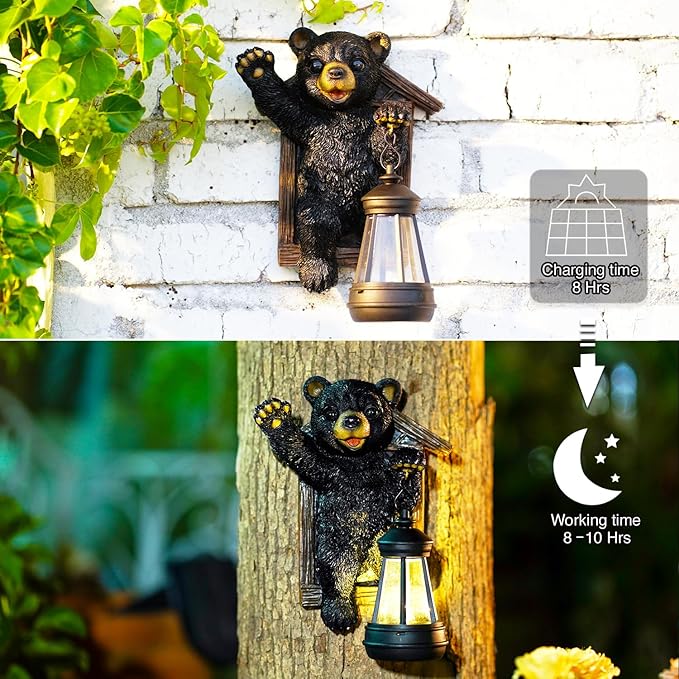 Goodeco Black Bear Tree Hugger with Solar Lantern - Perfect Bear Garden Statues Outdoor Decor & Ornament for Women, Housewarming Gifts and as Yard Decorations