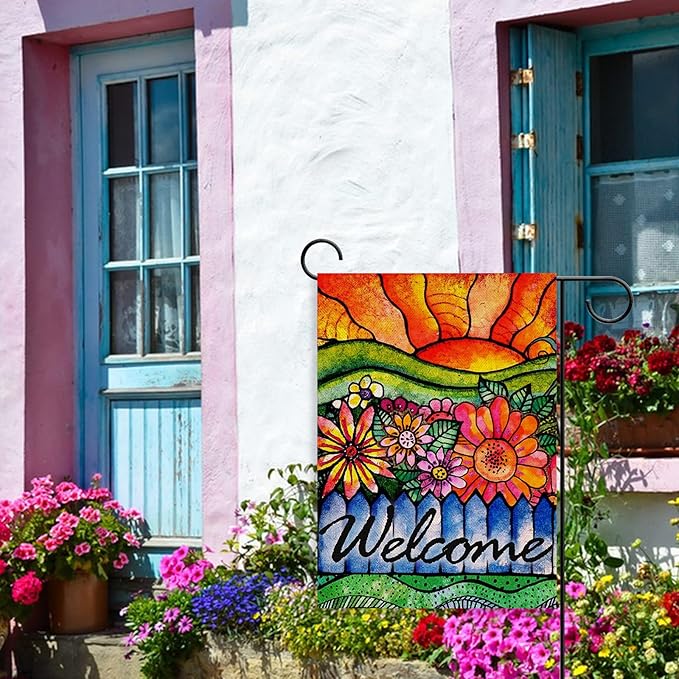 Home Decorative Welcome Spring Watercolor Flowers Garden Flag, Summer Sunshine House Yard Abstract Floral Outside Decorations, Sunrise Farmhouse Seasonal Outdoor Small Decor Double Sided 12x18
