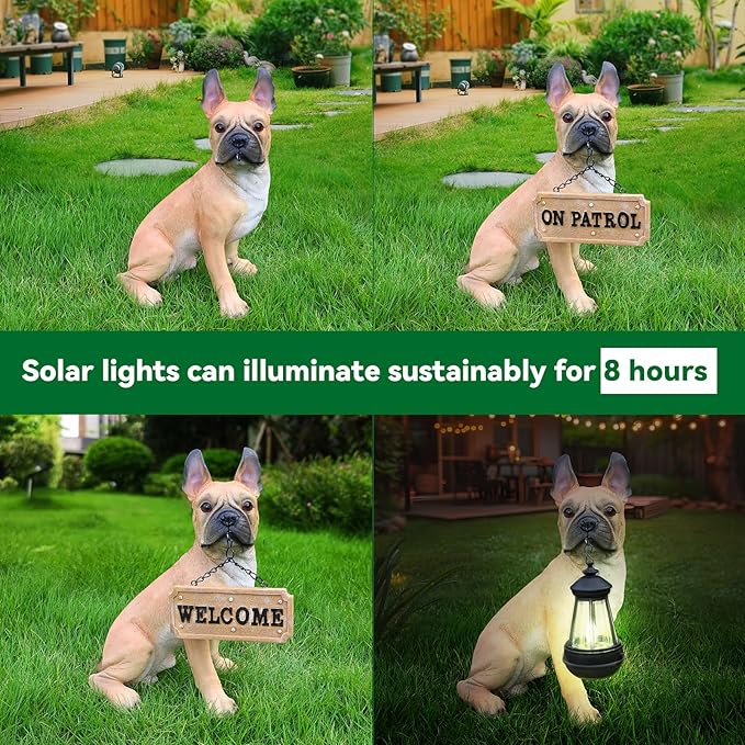 French Bulldog Statue with Solar Lantern & Double-Sided Welcome Sign, Lifelike Fawn Frenchie Dog Garden Decor Sculpture for Outdoor, Patio, Yard, Lawn Porch Ornament, Dog Lover Gifts (13.8" Tall)