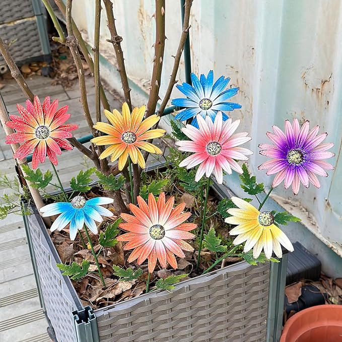 Metal Flowers for Outside, 8 Pack Decorative Garden Stakes with Spring Design, 16.5 Inch Handmade Iron Outdoor Metal Garden Decor, Flickering Daisy Yard Art for Patio Lawn