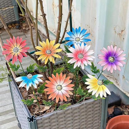 Metal Flowers for Outside, 8 Pack Decorative Garden Stakes with Spring Design, 16.5 Inch Handmade Iron Outdoor Metal Garden Decor, Flickering Daisy Yard Art for Patio Lawn