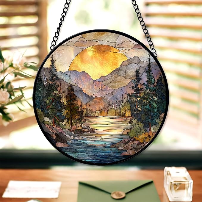 7.8" Mountain Range Suncatcher Stained Glass Window Hanging Sunset Sun Catcher Lake River Ornaments Wall Art Home Garden Room Decor Birthday for Nature Lovers Women Mom
