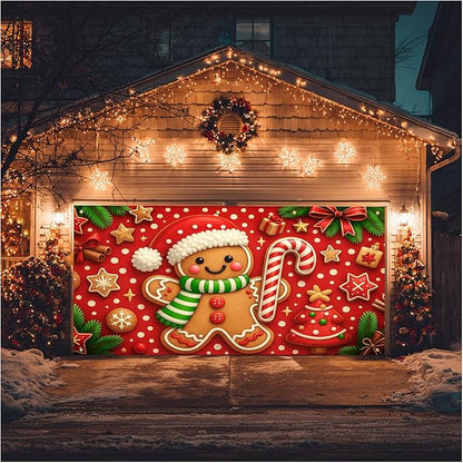 HOMETITUTE Christmas Door Banner 13x6ft Festive Gingerbread Man Red White Candy Cane Red Polka Dot Background Holiday Porch Decoration Winter Seasonal Merry Christmas Front Door Cover