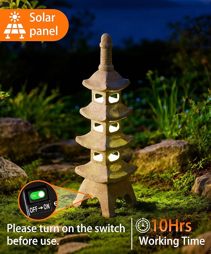 Nacome Solar Pagoda Garden Statues: 25.6 inches Multi-Layer Outdoor Waterproof Resin Zen Decor for Landscape Balcony Patio Porch Yard Ornament(Gray)