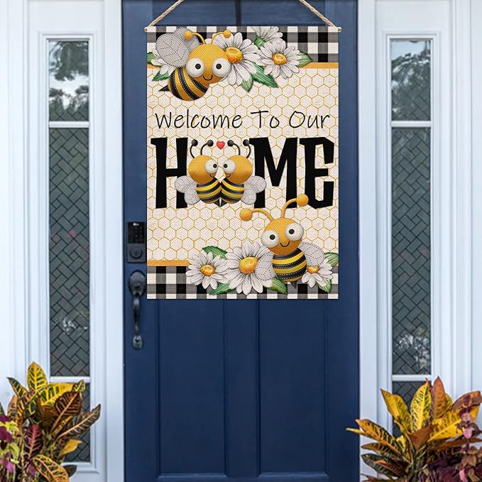 Furiaz Welcome to Our Home Bumble Bee Spring Summer Decorative Large House Flag, Buffalo Plaid Check Daisy Home Outside Garden Yard Decorations, Farmhouse Burlap Outdoor Decor Double Sided 28x40