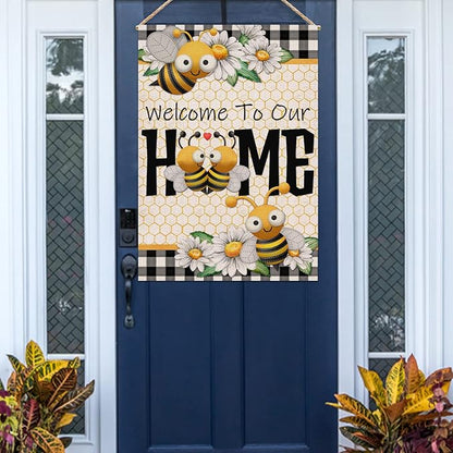 Furiaz Welcome to Our Home Bumble Bee Spring Summer Decorative Large House Flag, Buffalo Plaid Check Daisy Home Outside Garden Yard Decorations, Farmhouse Burlap Outdoor Decor Double Sided 28x40