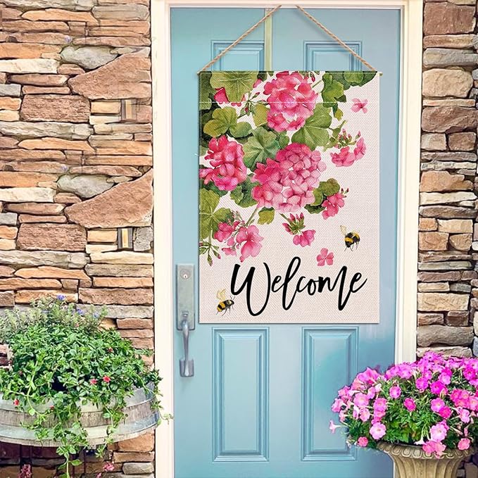 Welcome Spring Summer Geranium Decorative House Flag, Pink Floral Flowers Bees Garden Yard Outside Decorations, Seasonal Burlap Outdoor Large Home Decor Double Sided 28 x 40