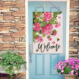 Welcome Spring Summer Geranium Decorative House Flag, Pink Floral Flowers Bees Garden Yard Outside Decorations, Seasonal Burlap Outdoor Large Home Decor Double Sided 28 x 40