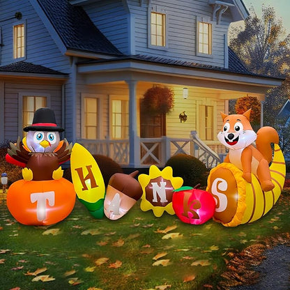 SEASONBLOW 8FT Thanksgiving Inflatable Turkey with Pumpkin Outdoor Decorations, LED Light Up Thanksgiving Blow Up Turkey with Corn Squirrel and Cornucopia for Celebrate Autumns Fall Harvest Yard Decor