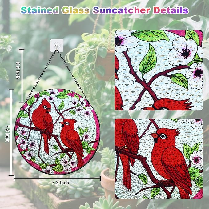 Stained Glass Window Hanging, Suncatcher (Cardinal, 7.8 Inch)
