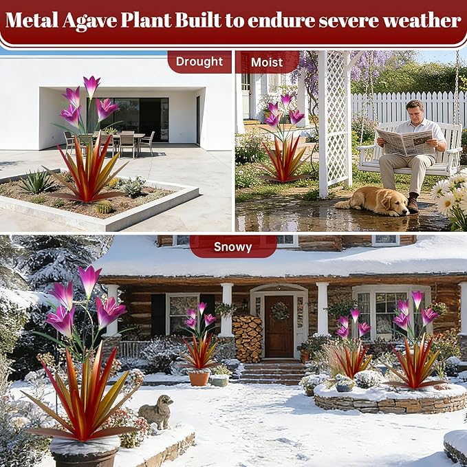 TOMBABY 32.28 Inch Metal Agave Plant Outdoor Decoration Lily Mexican Yard Art Garden Gift Home Decor Hand Painted Metal Agave Garden Yard Statue (2, Red)