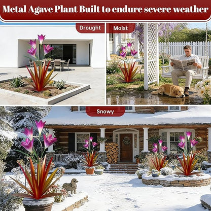 TOMBABY 32.28 Inch Metal Agave Plant Outdoor Decoration Lily Mexican Yard Art Garden Gift Home Decor Hand Painted Metal Agave Garden Yard Statue (1, Red)