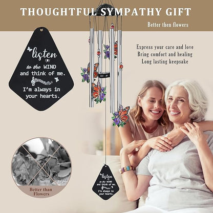 HDCRYSTALGIFTS 34'' Butterfly Wind Chimes Outdoor Large, Butterflies Aluminum Tube Memorial Windchime for Outside with S Hook,Patio Home Garden Decor, Sympathy Gifts for Loss of Loved One