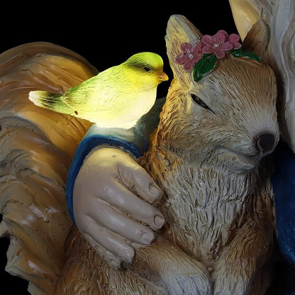 Exhart Garden Gnome, Solar Squirrel and Fox Friends Garden Sculpture, LED Birds, Outdoor Lawn and Yard Decoration, 14 x 8 x 13.5 Inch, Multicolor, Resin