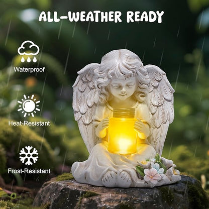 basen Solar Angel Garden Statue with Lighted Wishing Jar, Resin Outdoor Guardian Angel Figurine, Waterproof Lawn Yard Patio Decor, Memorial Sympathy Sculpture for Porch Backyard Gift