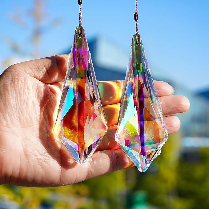 H&D HYALINE & DORA 4.7" AB Coating Crystal Horns Prisms Suncatchers for Windows,Set of 2 Rainbow Maker Hanging Prisms for Wedding Party Christmas Tree Garlands Decoration