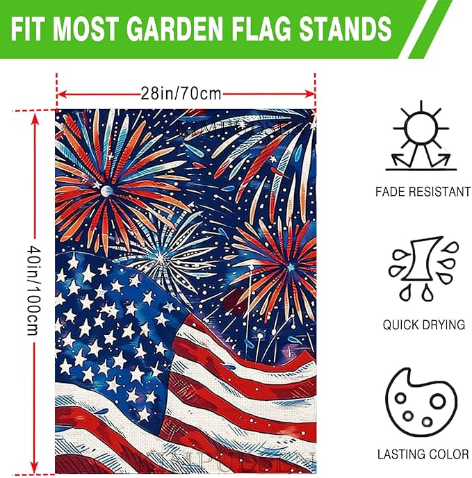 Patriotic 4th of July Floral House Flag 28x40 Inch Double Sided, Large Burlap Memorial Day Welcome Daisy Yard Flag for Summer Holiday Seasonal Outside Decoration