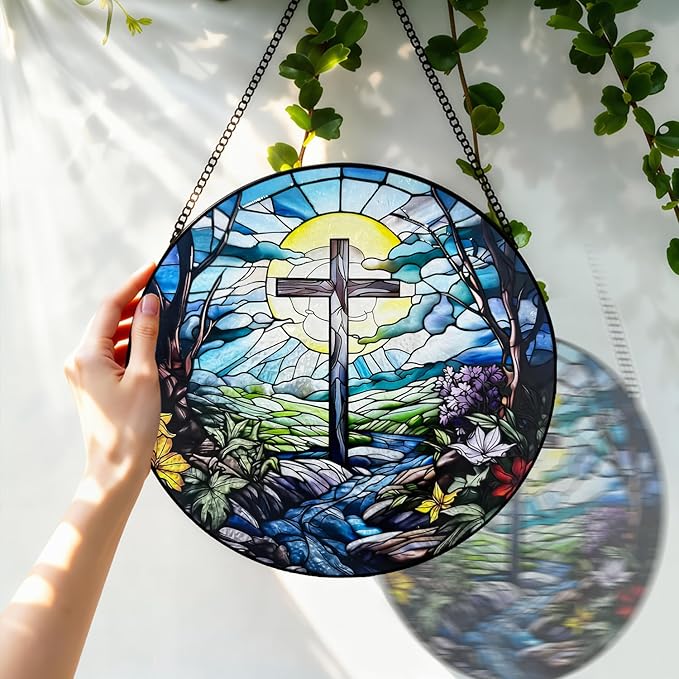 Stained Glass Cross Suncatcher, 8 Inch Christian Stained Glass Window Hanging, Religious Sun Catchers Indoor Window, Nature Landscape Flower Home Garden Decor Easter Faith Christian Gifts Ornaments