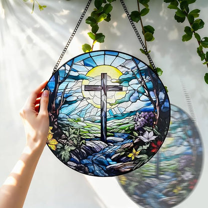 Stained Glass Cross Suncatcher, 8 Inch Christian Stained Glass Window Hanging, Religious Sun Catchers Indoor Window, Nature Landscape Flower Home Garden Decor Easter Faith Christian Gifts Ornaments