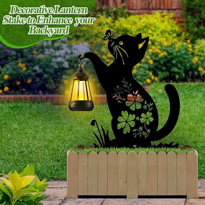 Tfro & Cile Cat Solar Light Outdoor Garden Lantern Stake Black Cat Halloween Decor with Butterfly Silhouette Decoration for Yard Lawn Patio