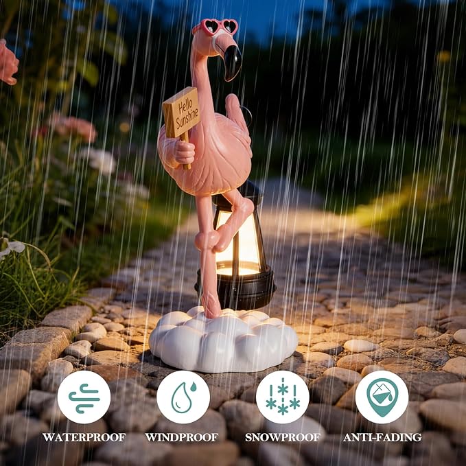 WDS WONDROUS Solar Flamingo Garden Statue Decor with LED Lights Pink Flamingo for Yard Porch Outdoor Statue Patio Lawn Balcony Decor Flamingo Lamp Birthday Gift for Woman Grandma Outside Sulptures