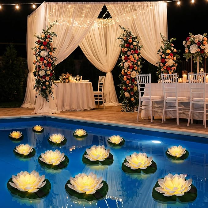12 PCS Solar Powered Floating Lotus Lights - 7.09'' Waterproof Floating Flower Light, Solar Water Activated Pool Lotus Lamp for Garden Pond Wedding Party Decoration (White)