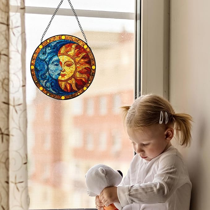 Sun and Moon Stained Glass Window Hanging, Celestial Sun and Moon Suncatchers Indoor Window Glass Wall Art Decorations, Celestial Decor Round Wall Hanging Decor, 7.9x7.9in
