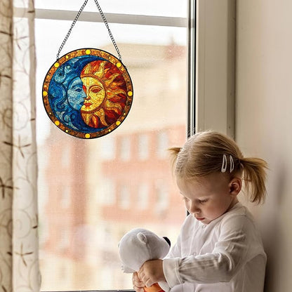 Sun and Moon Stained Glass Window Hanging, Celestial Sun and Moon Suncatchers Indoor Window Glass Wall Art Decorations, Celestial Decor Round Wall Hanging Decor, 7.9x7.9in