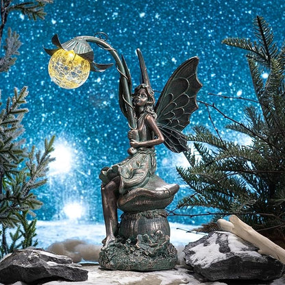 TERESA'S COLLECTIONS Garden Statues Fairy Sculptures & Statues, Outdoor Solar Light Garden Decor Resin Patina Bronze Figurines for Outdoor Decor, Valentines Decorations Gifts for Women Mom, 13.8''