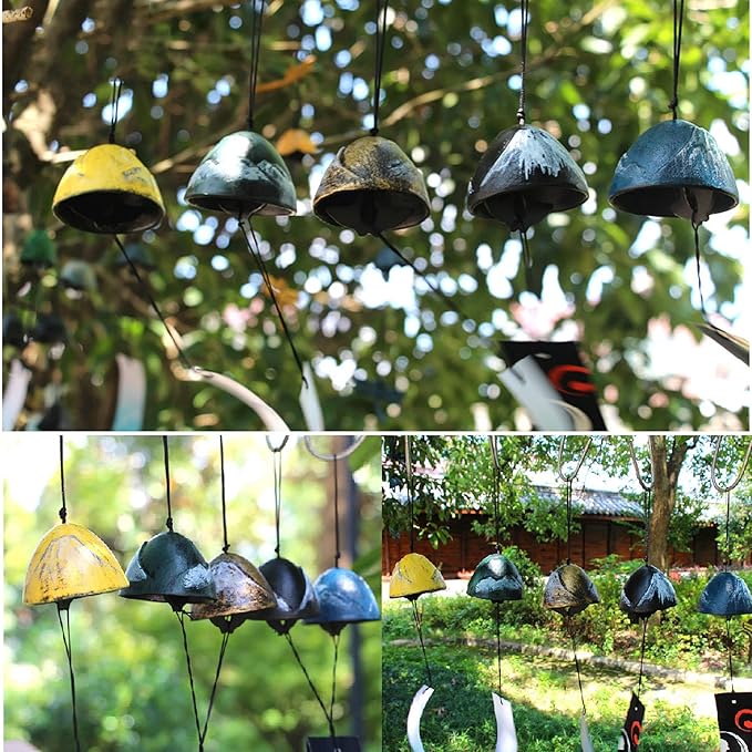 Cast Iron Windchimes, Set of 3 Bless Temple Wind Bell, Japanese Style Mount Fuji Wind Chime, Hanging Decoration for Garden Patio Door Room Outdoor