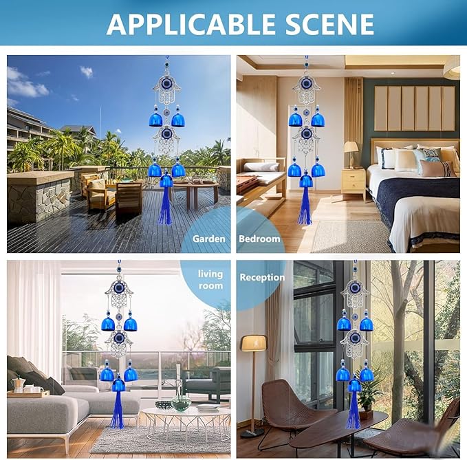 BWINKA Blue Evil Eye Hanging Decoration Ornament Metal Wind Chimes for Home Garden Gift Decoration (Eye-Double)